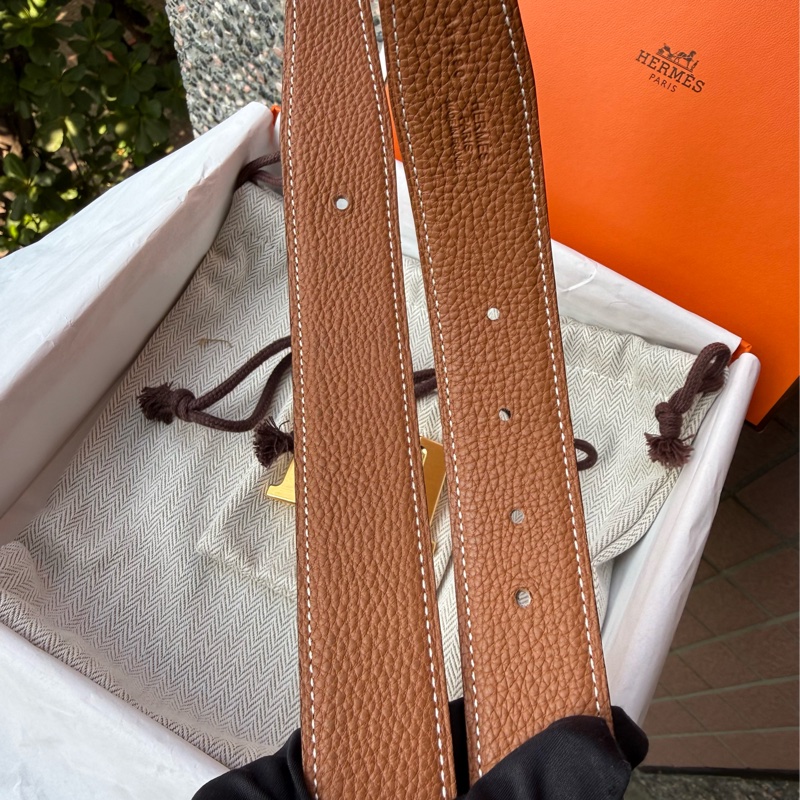 二手HERMES黑拚金棕金釦雙面38mm皮帶-10