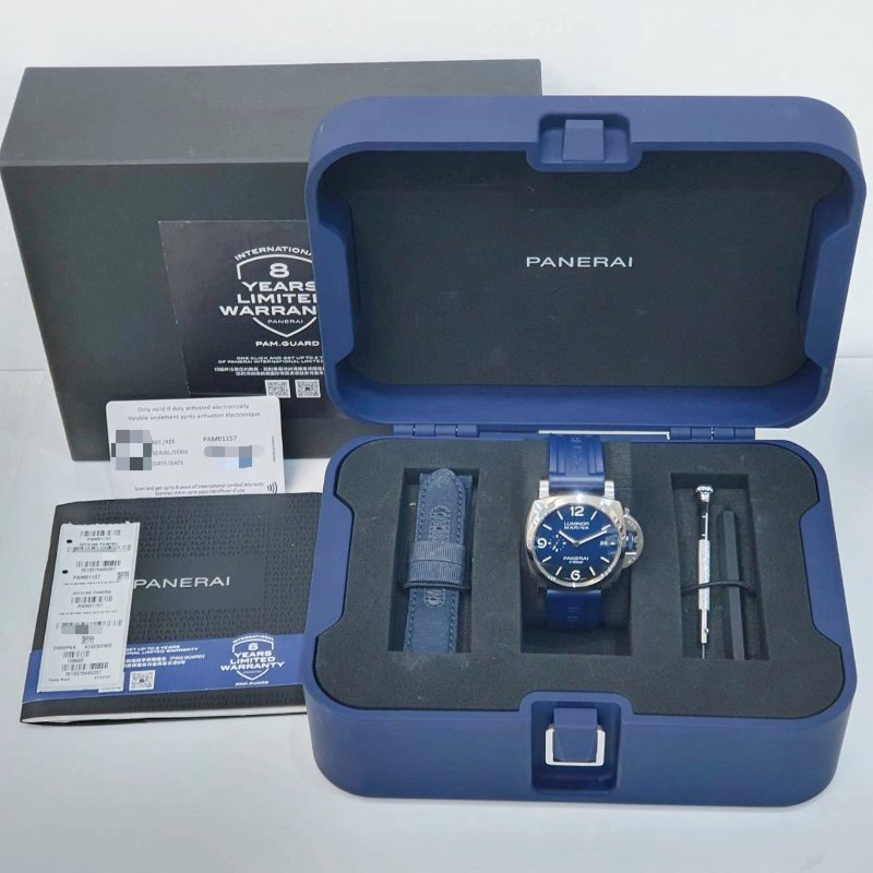 【大眾名錶】PANERAI沛納海 PAM01157 2022/07 保固至2030/08 深海漸層藍面盤 三明治面盤 藍色龍頭 原廠帶扣 B1330-9