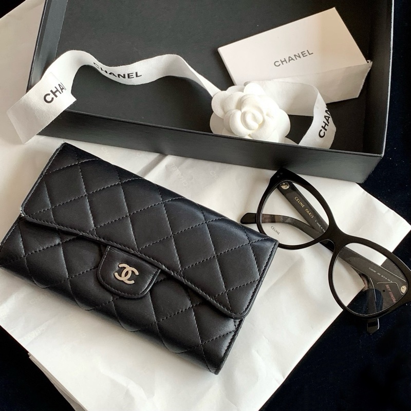 Chanel 黑銀cf長款錢包 16開18cm-0