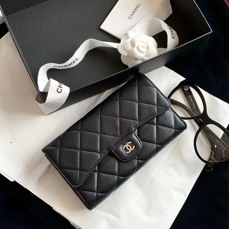 Chanel 黑銀cf長款錢包 16開18cm-1