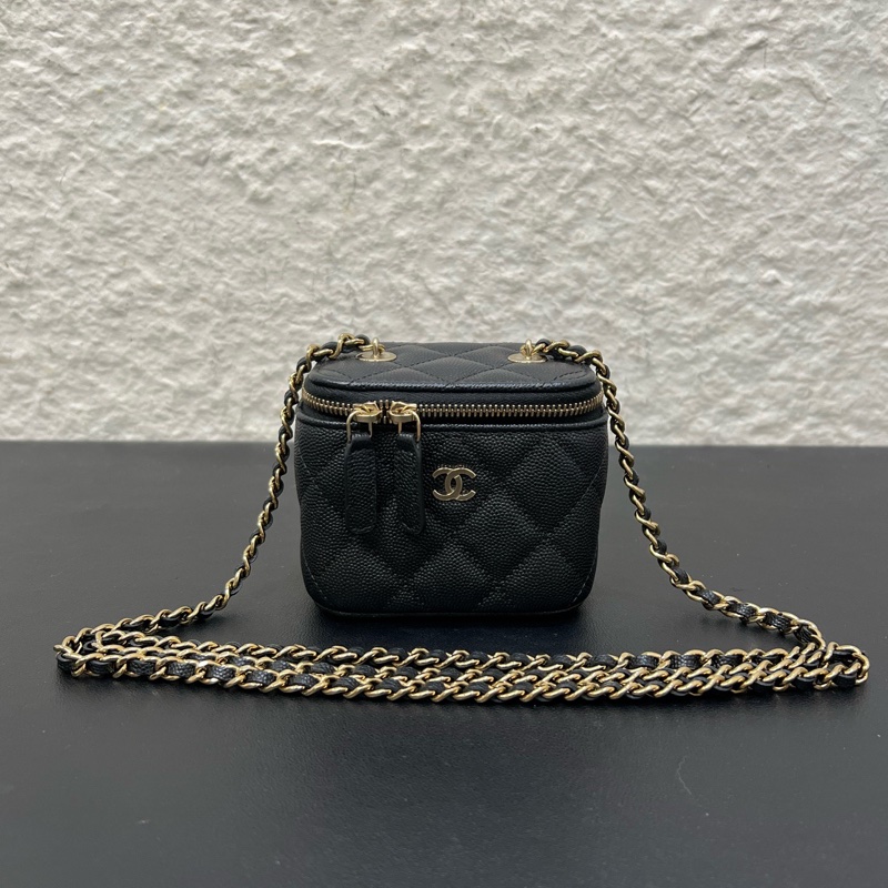 99新Chanel香奈兒23C 黑金荔枝皮mini 盒子包化妝包單肩斜挎包-0