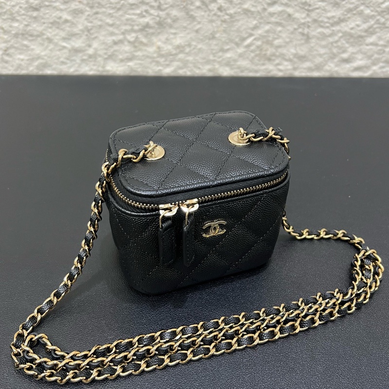 99新Chanel香奈兒23C 黑金荔枝皮mini 盒子包化妝包單肩斜挎包-5