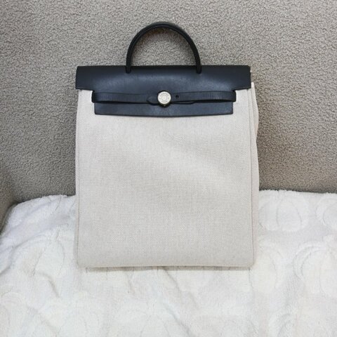 中古 愛馬仕HERBAG米色黑色帆布袋 側背包 肩背包