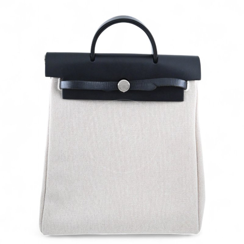 中古 愛馬仕HERBAG米色黑色帆布袋 側背包 肩背包-1