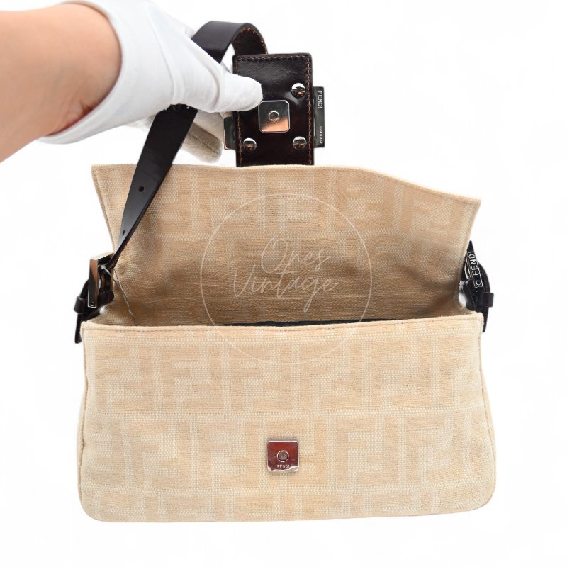 中古 Fendi Zucca Baguette 經典米白象牙色帆布法棍包-13