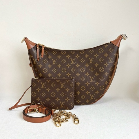 99新✨LOUIS VUITTON 路易威登Loop HOBO 經典老花滿印徽標Logo鏈條 帆布 豌豆包月亮包斜挎單肩包 大號 女款 棕色 金扣❤️正品