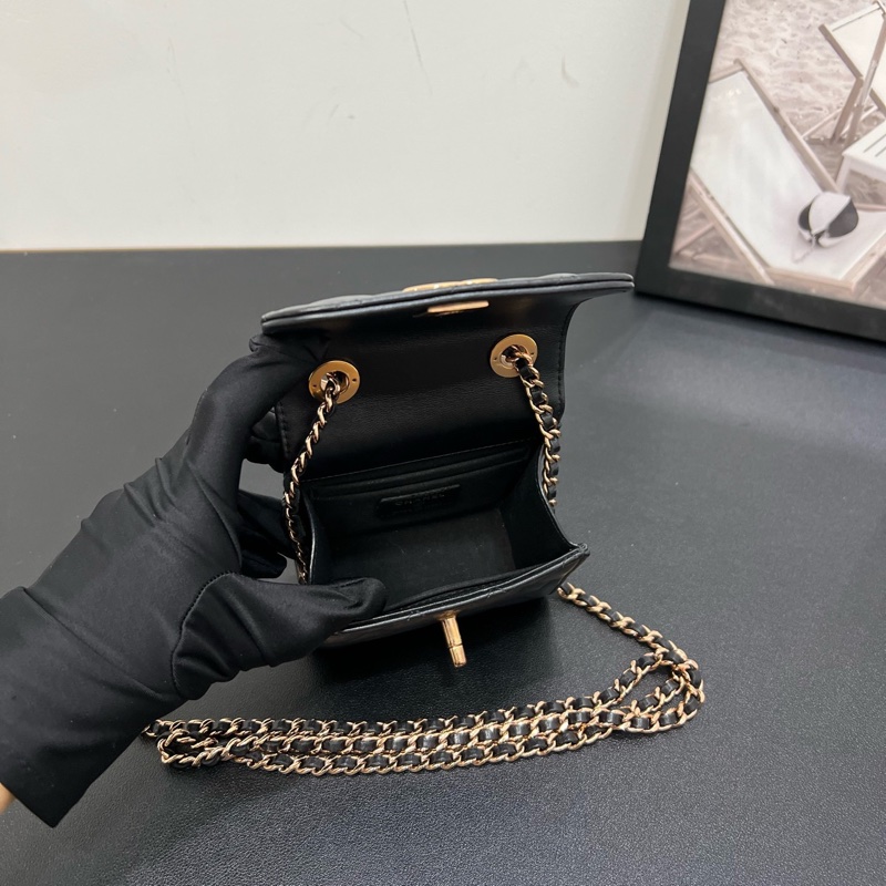 Chanel香奈兒22C黑金羊皮mini鏈條包單肩斜挎包-9