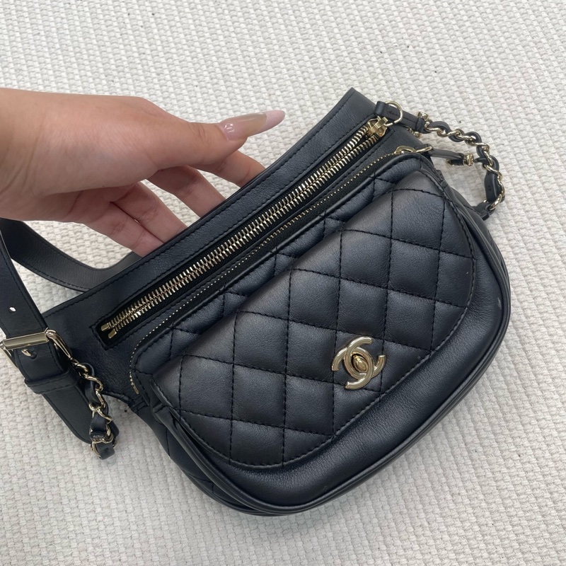 CHANEL香奈兒黑金羊皮腰包 28開有卡。-8