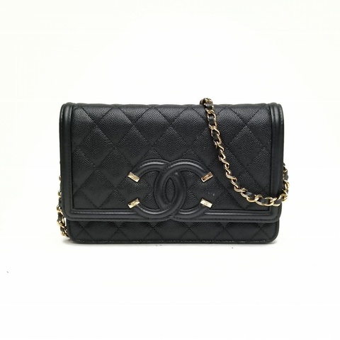 CHANEL VanityCaseWOC黑色荔枝牛皮28開金扣