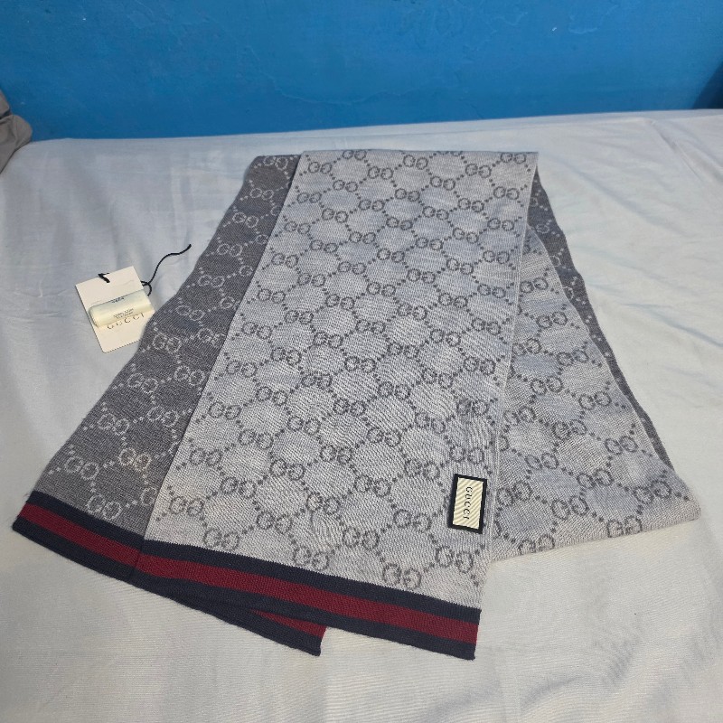 Gucci 灰色雙面logo 藍紅藍邊羊毛窄版圍巾-0