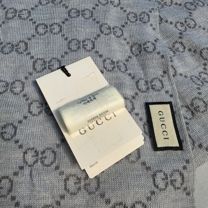 Gucci 灰色雙面logo 藍紅藍邊羊毛窄版圍巾-2