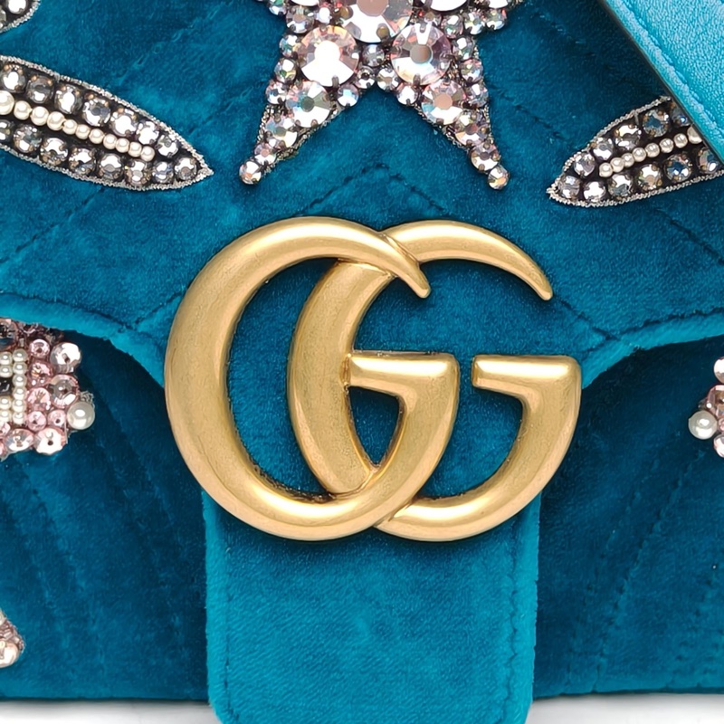 GUCCI GGMarmont肩背包小號湖藍色天鵝絨金扣-4