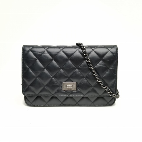 CHANEL 2.55WOC19黑色牛皮24開銀扣肩背包
