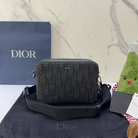 DIOR Oblique雙層黑老花帆布相機包