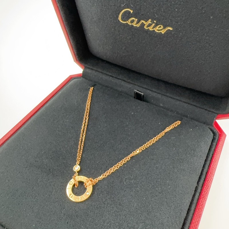 Cartier玫瑰金2顆鑽LOVE圓形吊墜項鍊B7224509-9