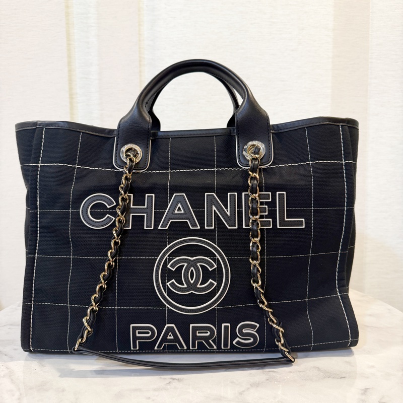 Chanel 黑格帆布立體logo手提肩背沙灘包-0
