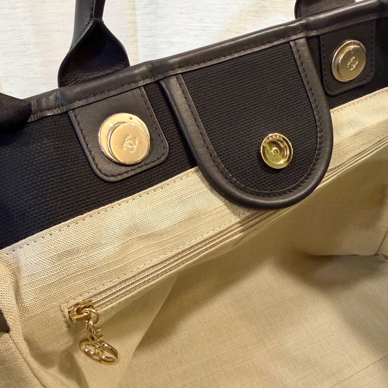 Chanel 黑格帆布立體logo手提肩背沙灘包-16