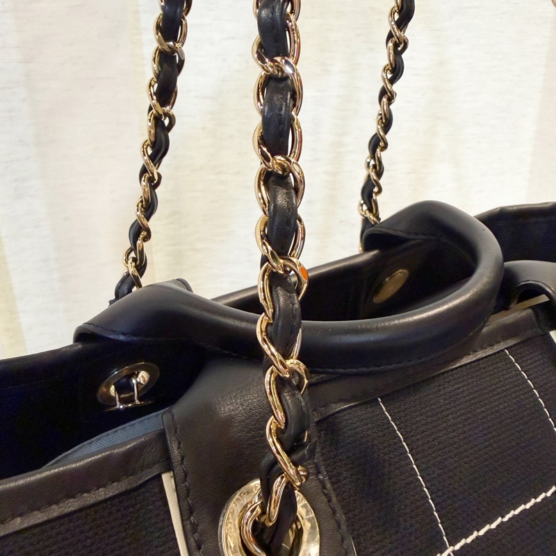 Chanel 黑格帆布立體logo手提肩背沙灘包-21