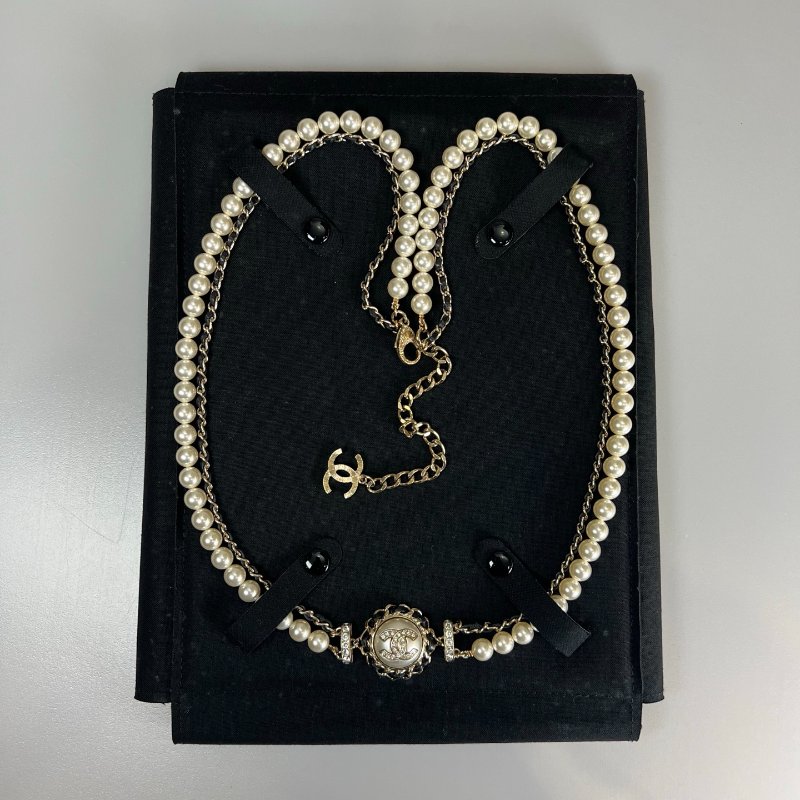 CHANEL B21/K 珍珠皮穿鍊圓水鑽長項鍊-1