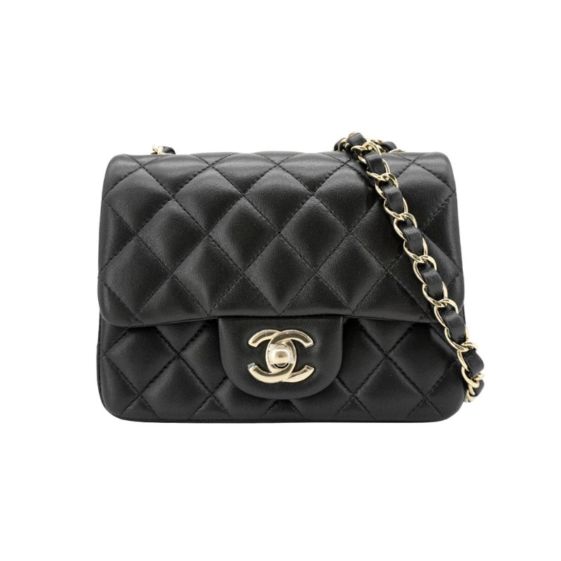 Chanel 展示品 Coco 淡金logo羊皮方胖斜背包-17cm(A35200-黑)-0