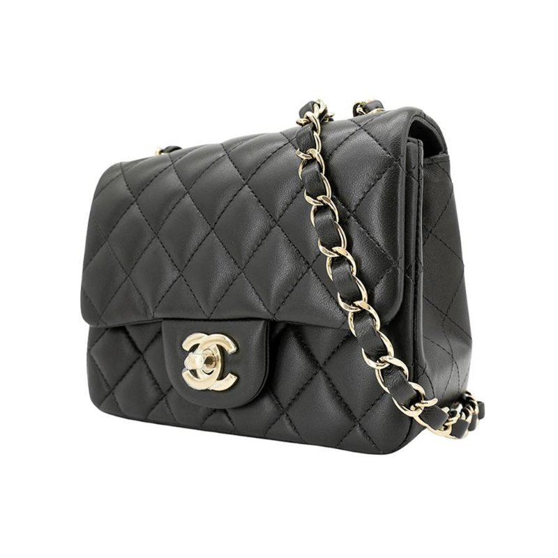 Chanel 展示品 Coco 淡金logo羊皮方胖斜背包-17cm(A35200-黑)-1