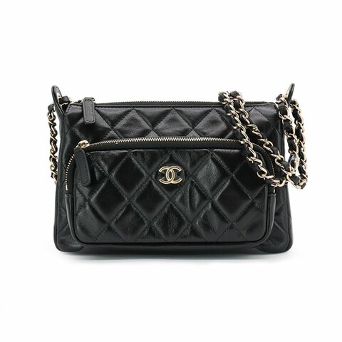 Chanel  展示品 菱格羊皮淡金雙拉鍊斜背相機包(AP4349-黑)