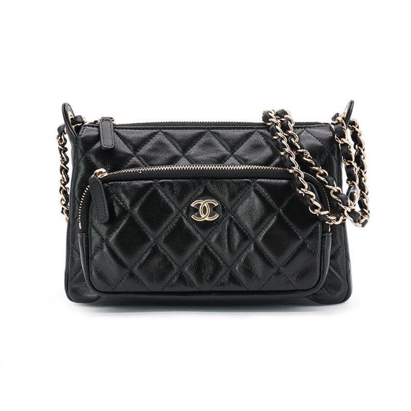 Chanel 展示品 菱格羊皮淡金雙拉鍊斜背相機包(AP4349-黑)-0