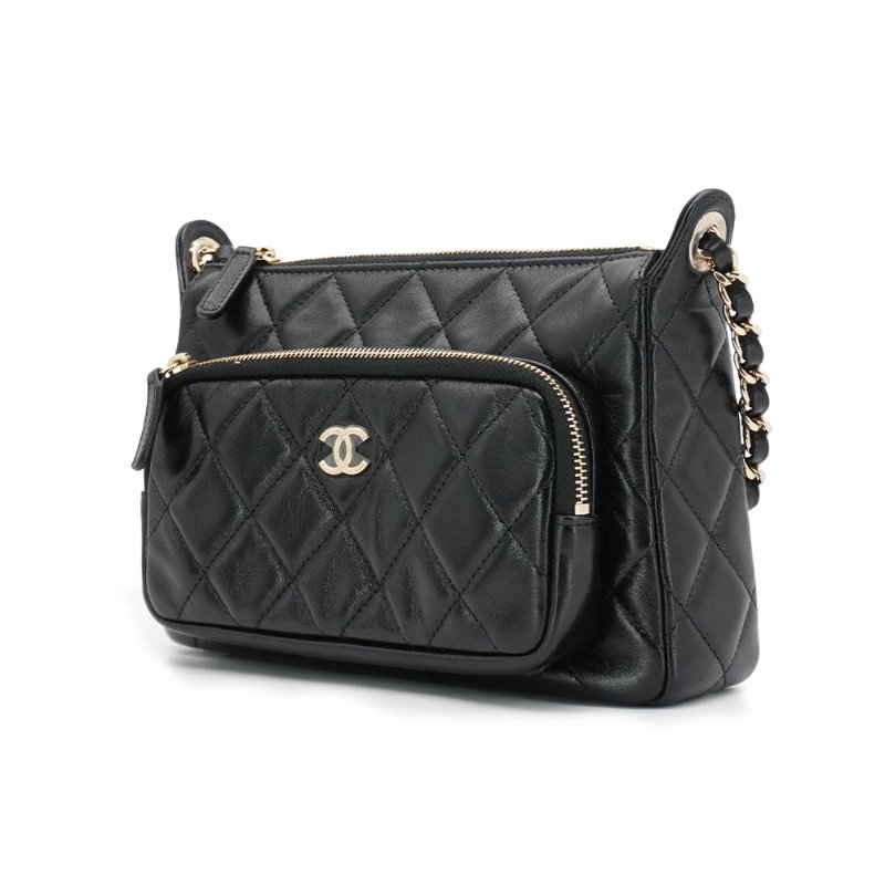 Chanel 展示品 菱格羊皮淡金雙拉鍊斜背相機包(AP4349-黑)-1