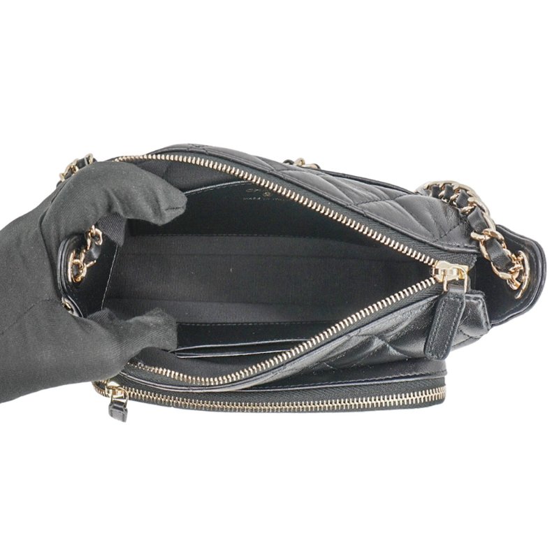 Chanel 展示品 菱格羊皮淡金雙拉鍊斜背相機包(AP4349-黑)-4