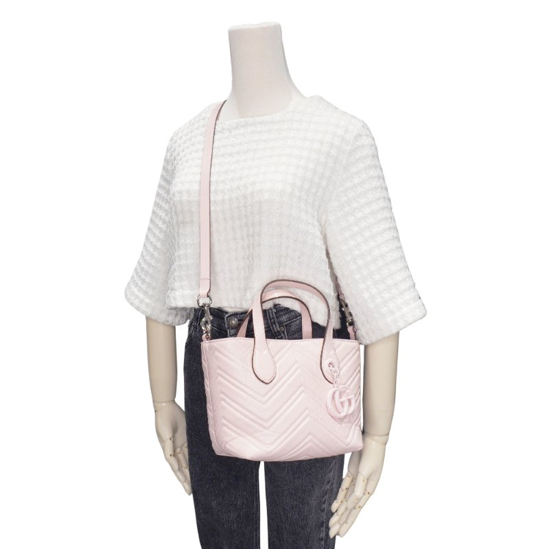 Gucci 展示品 Marmont 衍縫納帕牛皮手提/斜背兩用包(855391-櫻花粉)-5