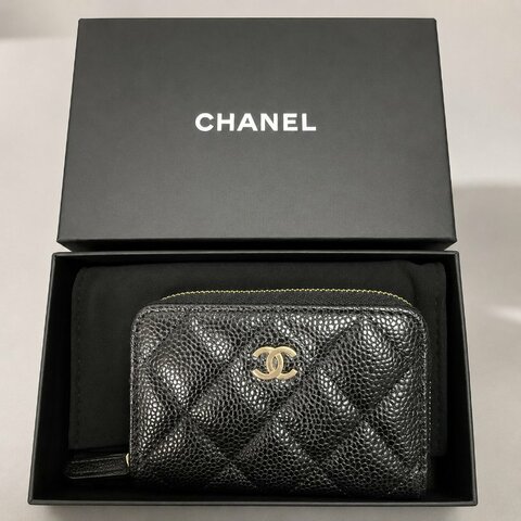 **全新**Chanel 香奈兒 ㄇ字黑金零錢包  全新未使用 荔枝皮零錢包