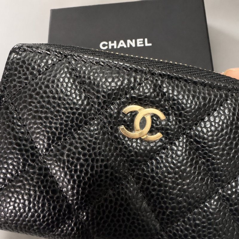 **全新**Chanel 香奈兒 ㄇ字黑金零錢包 全新未使用 荔枝皮零錢包-1