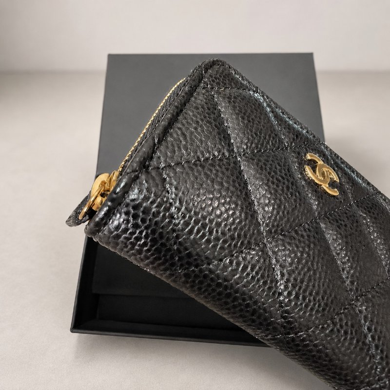 **全新**Chanel 香奈兒 ㄇ字黑金零錢包 全新未使用 荔枝皮零錢包-2