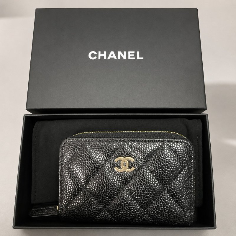 **全新**Chanel 香奈兒 ㄇ字黑金零錢包 全新未使用 荔枝皮零錢包-10