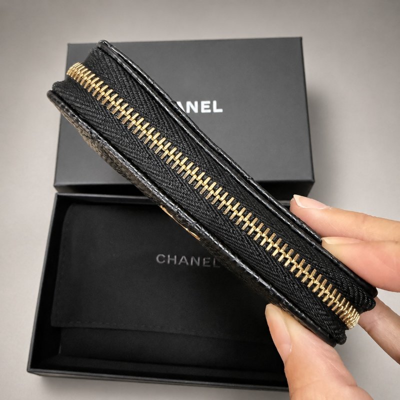 **全新**Chanel 香奈兒 ㄇ字黑金零錢包 全新未使用 荔枝皮零錢包-14