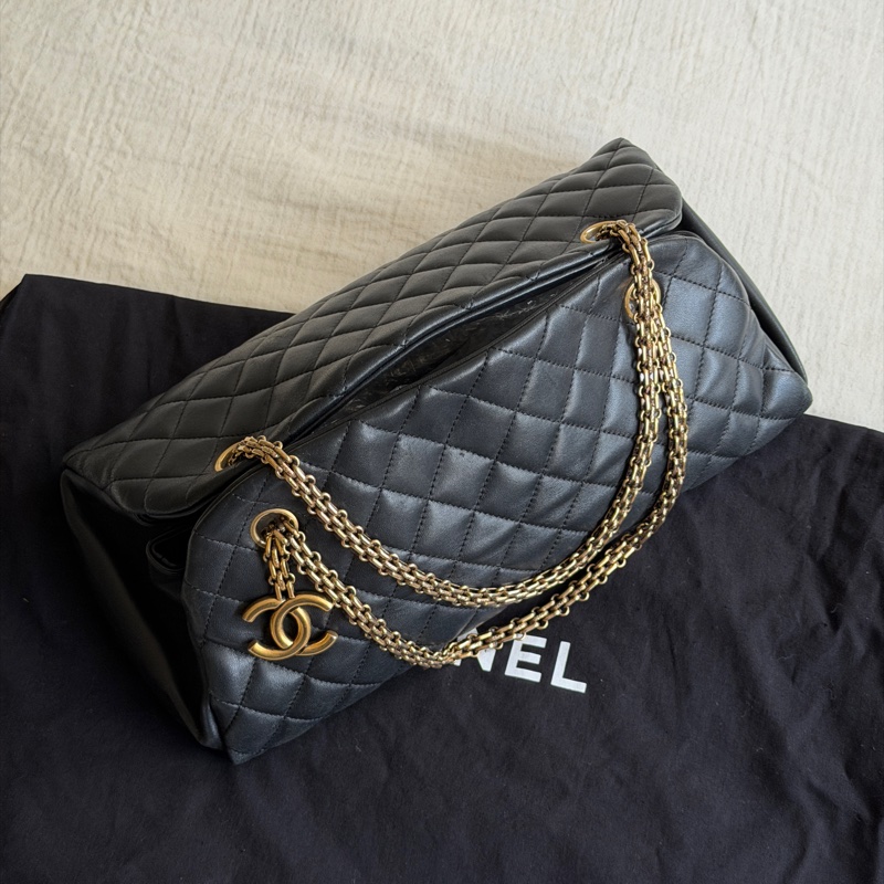 Vintage Chanel香奈兒2010限定/黑色金扣保齡球包/鏈條單肩腋下包-12