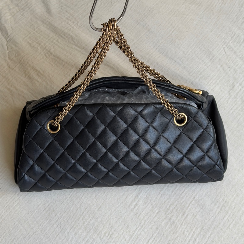 Vintage Chanel香奈兒2010限定/黑色金扣保齡球包/鏈條單肩腋下包-14