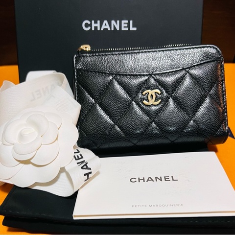 Chanel L型（加大芯片款）荔枝皮淡金釦 拉鍊零錢包 卡包（已售出）