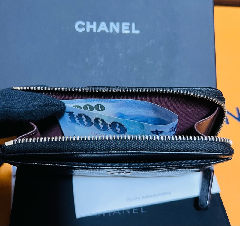 Chanel L型(加大芯片款)荔枝皮淡金釦 拉鍊零錢包 卡包(已售出)-3
