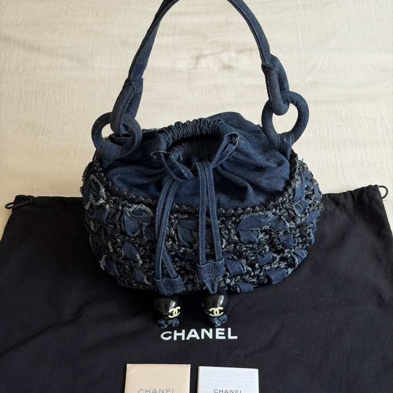 Vintage 稀有珍品 /Chanel 2006 限量/牛仔拉菲草編織小菜籃🧺 黑色壓克力球超時髦-2