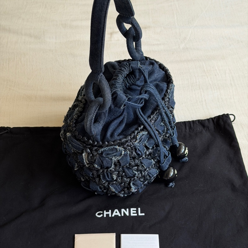 Vintage 稀有珍品 /Chanel 2006 限量/牛仔拉菲草編織小菜籃🧺 黑色壓克力球超時髦-3