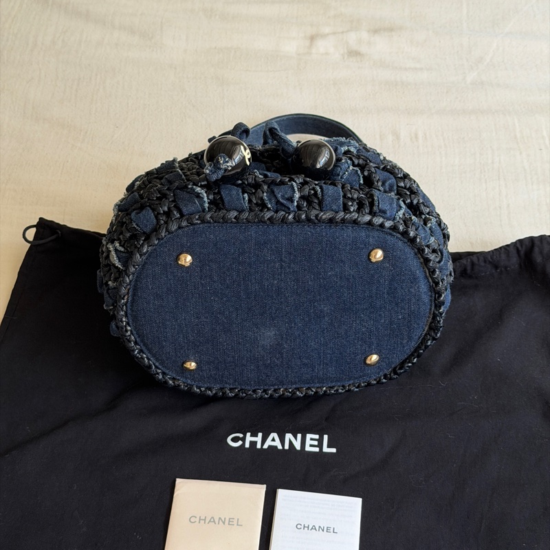 Vintage 稀有珍品 /Chanel 2006 限量/牛仔拉菲草編織小菜籃🧺 黑色壓克力球超時髦-6