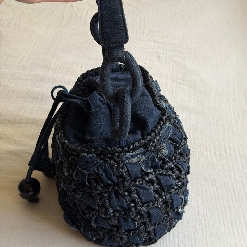 Vintage 稀有珍品 /Chanel 2006 限量/牛仔拉菲草編織小菜籃🧺 黑色壓克力球超時髦-14
