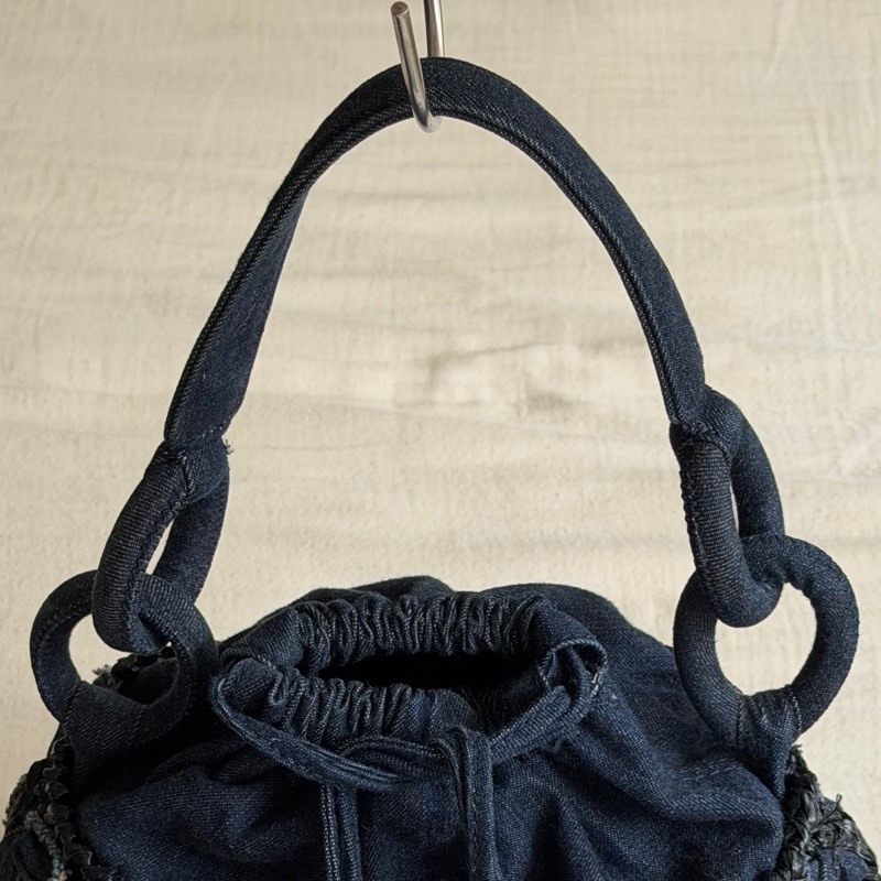 Vintage 稀有珍品 /Chanel 2006 限量/牛仔拉菲草編織小菜籃🧺 黑色壓克力球超時髦-21
