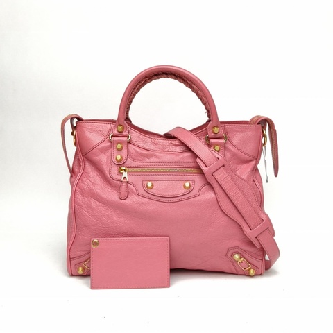 BALENCIAGA CLASSICVELO34機車包粉色羊皮金扣