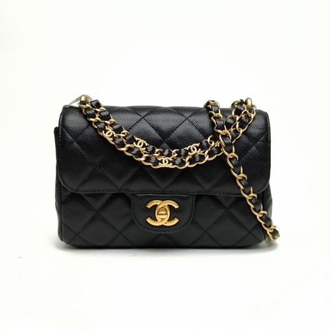 CHANEL 25P雙鏈條方胖子黑色荔枝牛皮晶片金扣