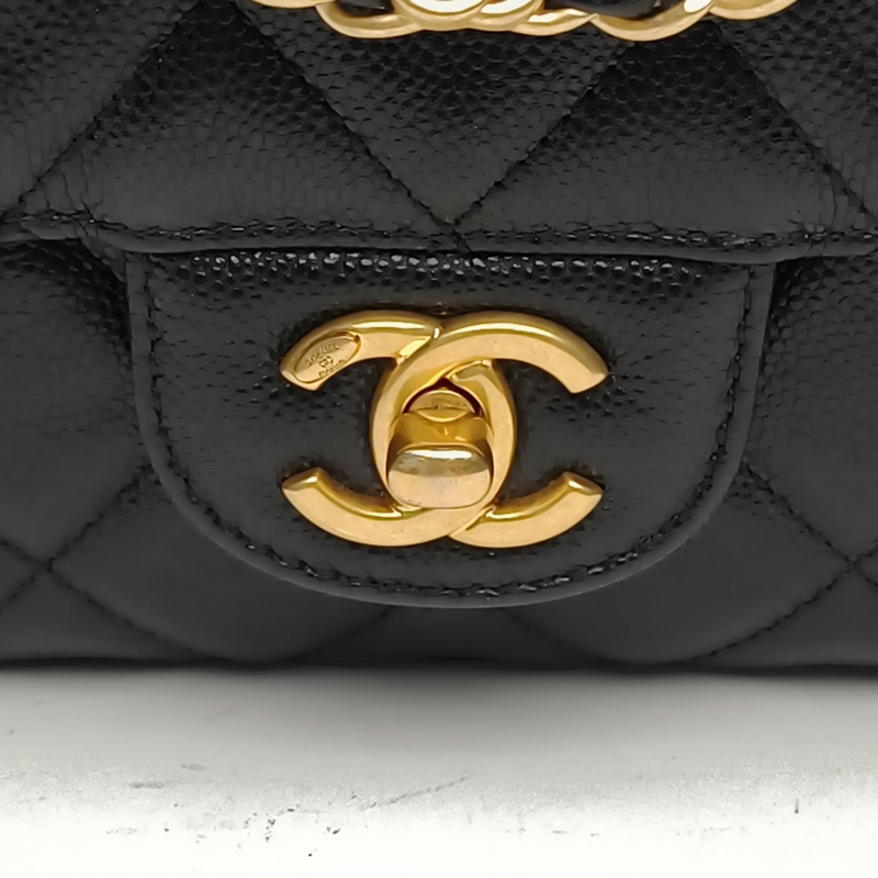 CHANEL 25P雙鏈條方胖子黑色荔枝牛皮晶片金扣-4