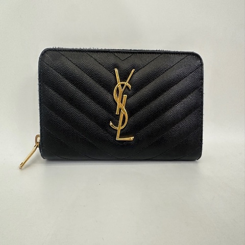 YSL 黑魚子醬牛皮金釦ㄇ拉12卡長夾
