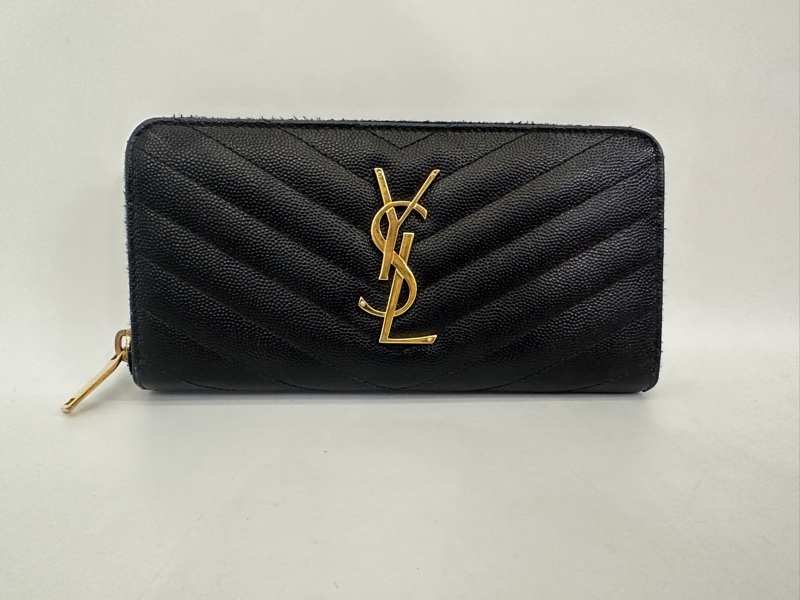 YSL 黑魚子醬牛皮金釦ㄇ拉12卡長夾-0