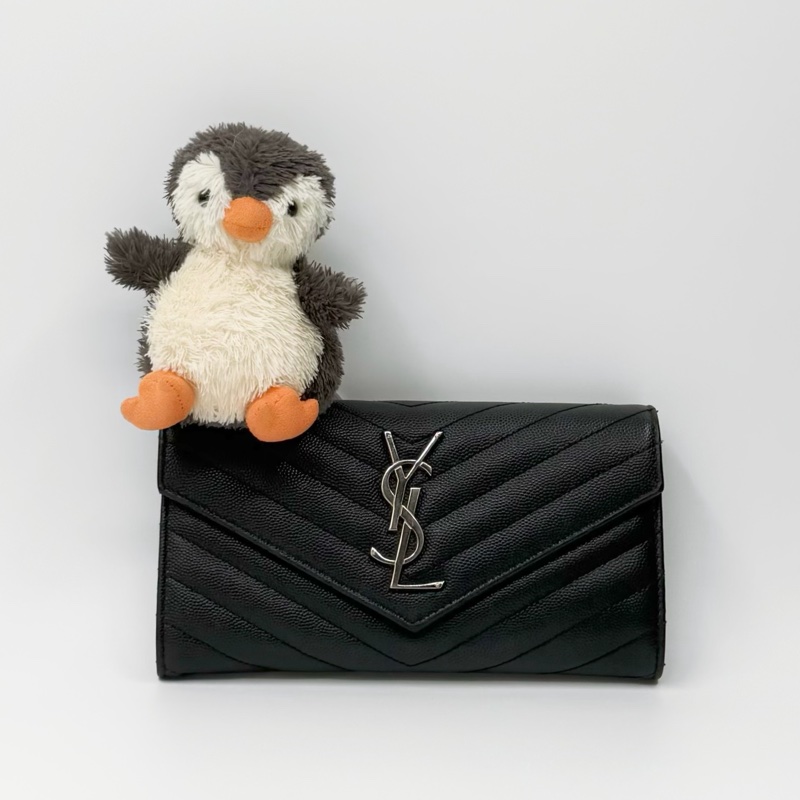 YSL Saint Laurent 經典黑銀魚子醬牛皮信封長夾|✨Wisher惟奢名品✨-0